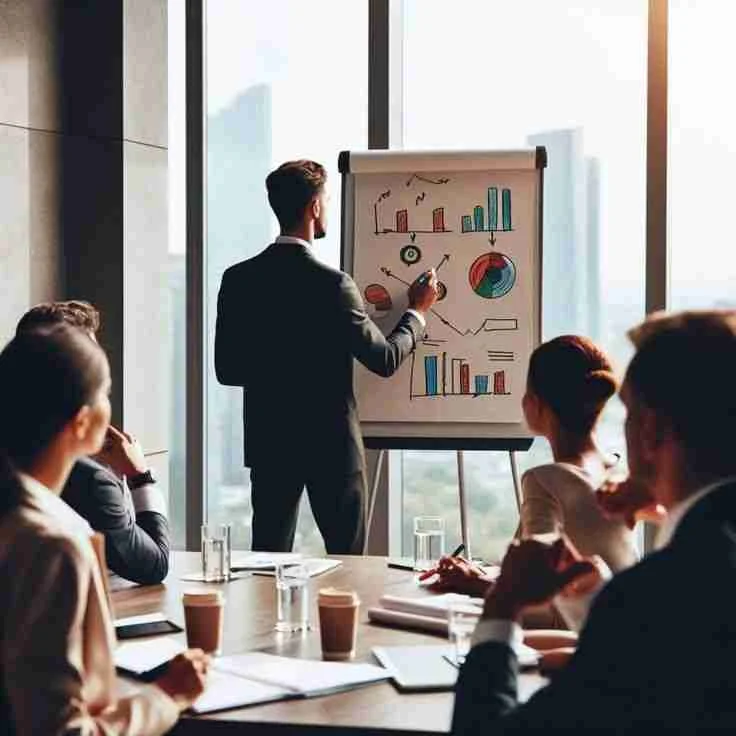 Business advisor presenting strategy on whiteboard